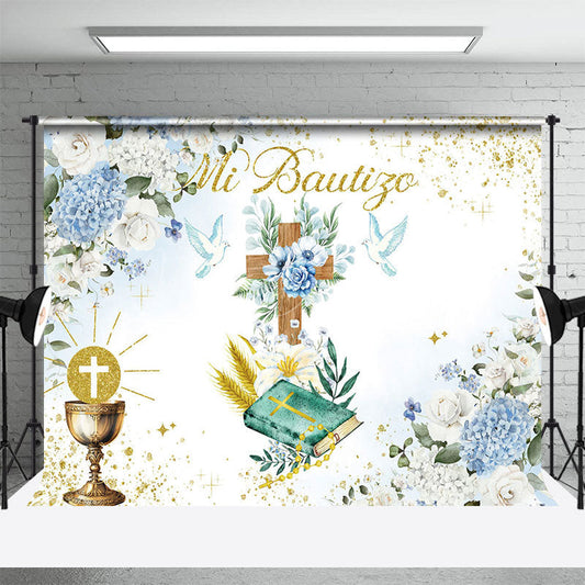 Lofaris Floral Glitter Cross Blue Dove Mi Bautize Backdrop