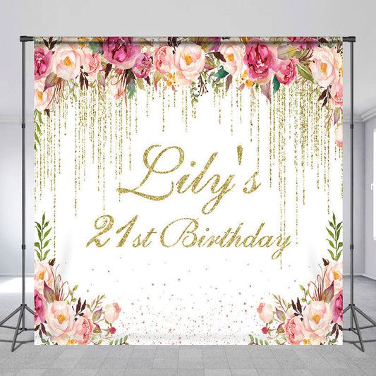 Lofaris Floral Gold Glitter Custom Name 21st Birthday Backdrop