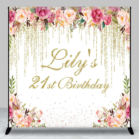 Lofaris Floral Gold Glitter Custom Name 21st Birthday Backdrop
