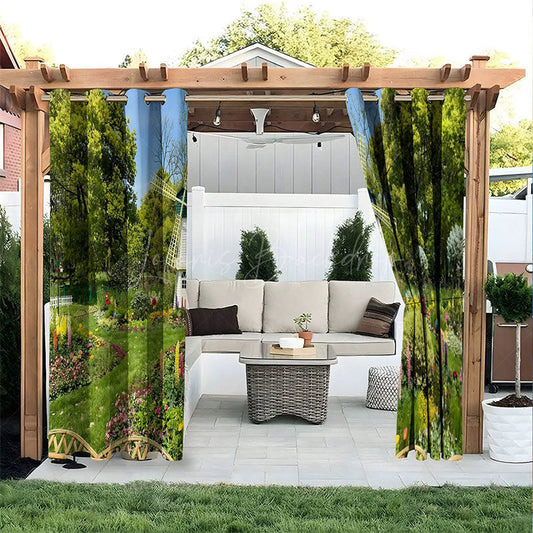Lofaris Floral Grass View Waterproof Printed Outdoor Curtains
