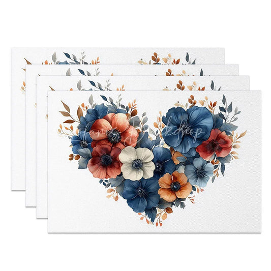 Lofaris Floral Heart Blue Red Set of 4 Placemats Watercolor Flower Valentine Decoration Elegant Love Dining Table Mat