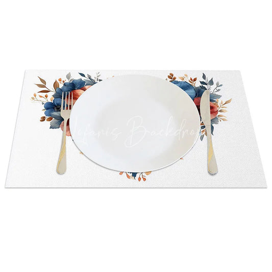 Lofaris Floral Heart Blue Red Set of 4 Placemats Watercolor Flower Valentine Decoration Elegant Love Dining Table Mat