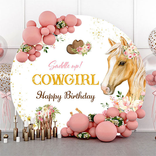 Lofaris Floral Horse Cowgirl Saddle Up Round Birthday Backdrop