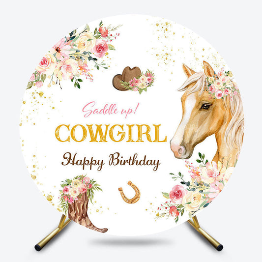 Lofaris Floral Horse Cowgirl Saddle Up Round Birthday Backdrop