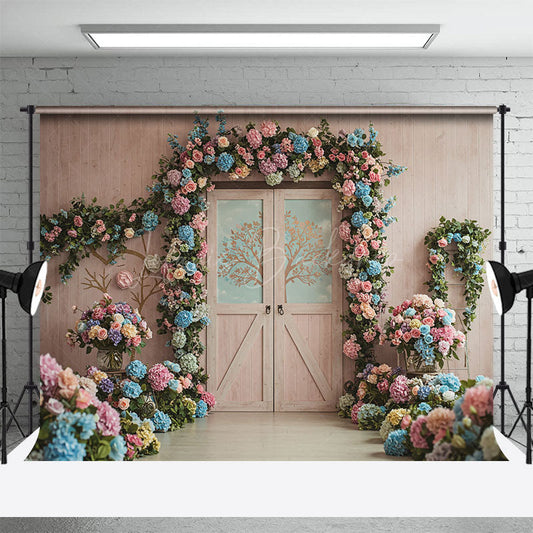 Lofaris Floral Hydrangea Sweet Wooded Door Wedding Backdrop