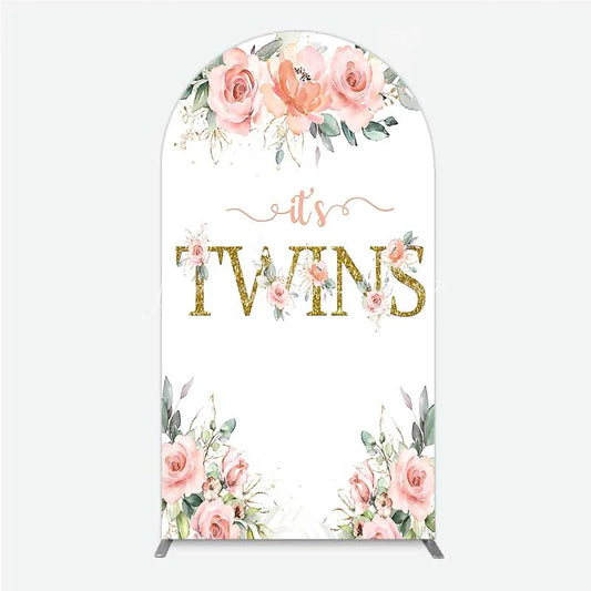 Lofaris Floral It’s Twins Arch Backdrop with Pink Roses Gold Glitter Baby Shower Decoration for Twin Girls