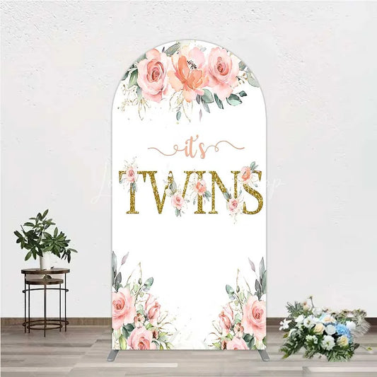 Lofaris Floral It’s Twins Arch Backdrop with Pink Roses Gold Glitter Baby Shower Decoration for Twin Girls