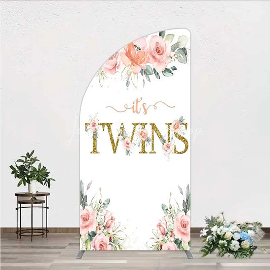 Lofaris Floral It’s Twins Half Moon Arch Backdrop with Pink Roses Gold Glitter Baby Shower Decoration for Twin Girls