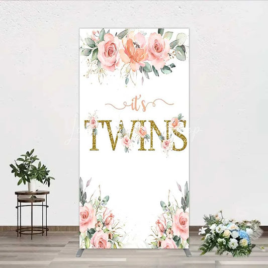 Lofaris Floral It’s Twins Rectangle Backdrop with Pink Roses Gold Glitter Baby Shower Decoration for Twin Girls