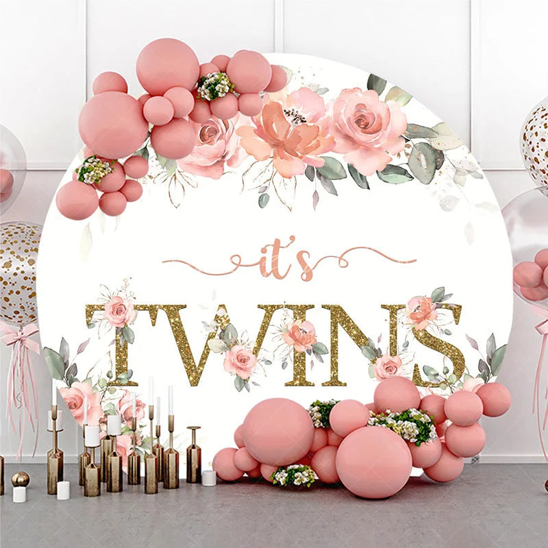Lofaris Floral It’s Twins Round Backdrop with Pink Roses Gold Glitter Baby Shower Decoration for Twin Girls Party