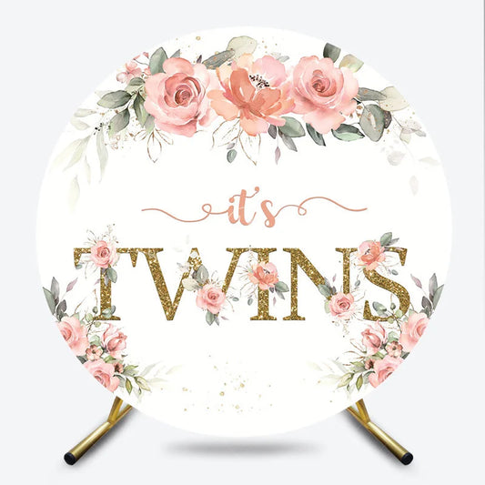 Lofaris Floral It’s Twins Round Backdrop with Pink Roses Gold Glitter Baby Shower Decoration for Twin Girls Party