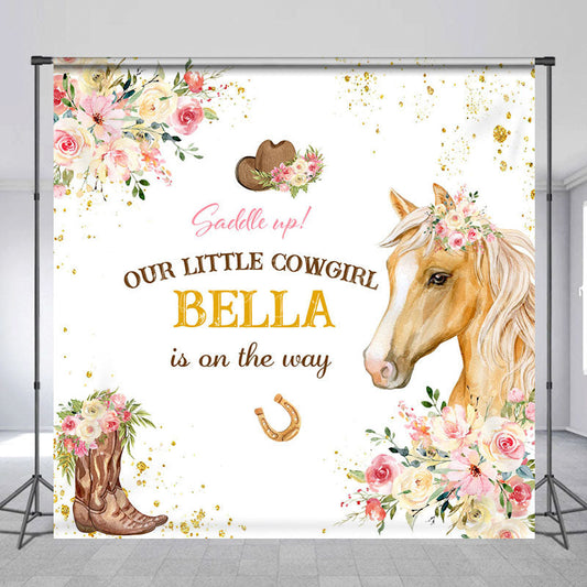 Lofaris Floral Little Cowgirl Custom Name Baby Shower Backdrop