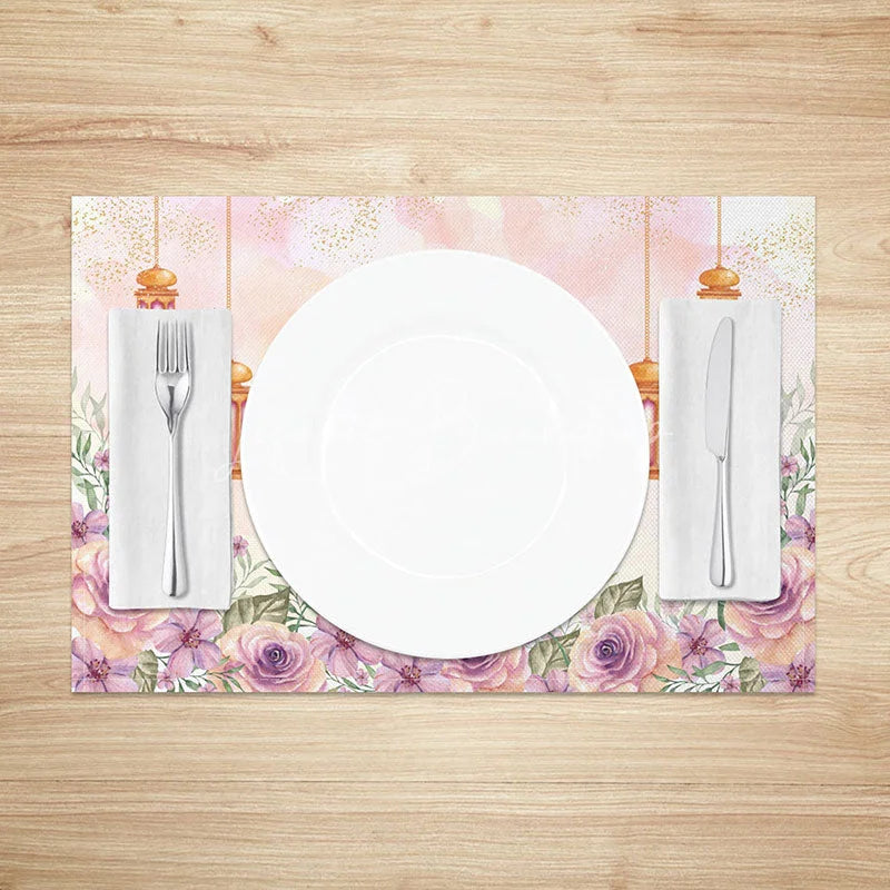 Lofaris Floral Moon Ramadan Set of 4 Placemats Watercolor Purple Rose and Gold Lantern Eid Mubarak Table Mats