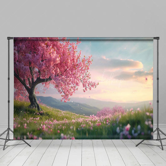 Lofaris Floral Mountain Green Grass Spring Photo Backdrop