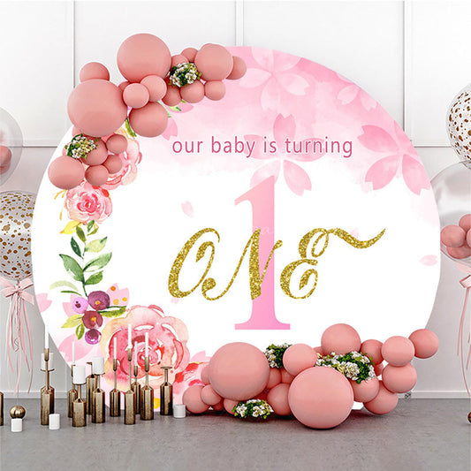 Lofaris Floral Pink Circle Happy First Birthday Backdrop