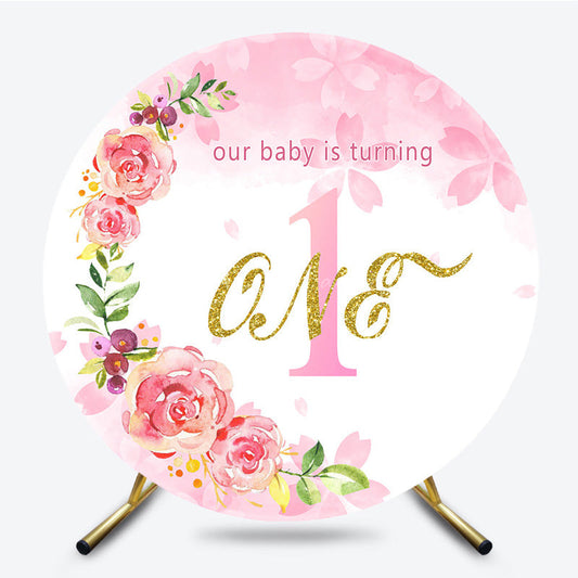 Lofaris Floral Pink Circle Happy First Birthday Backdrop