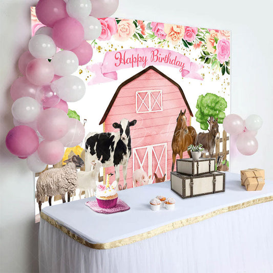 Lofaris Floral Pink Cowgirl Farm Animals Birthday Backdrop