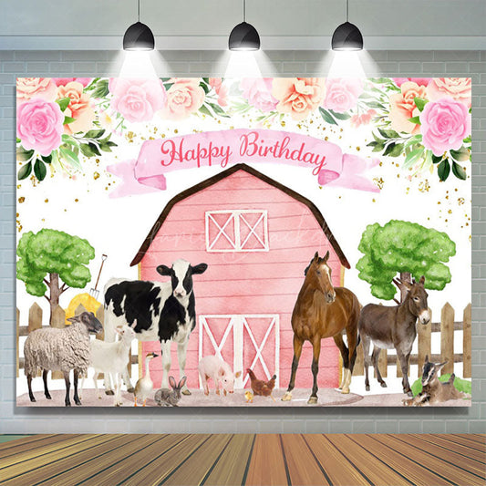 Lofaris Floral Pink Cowgirl Farm Animals Birthday Backdrop