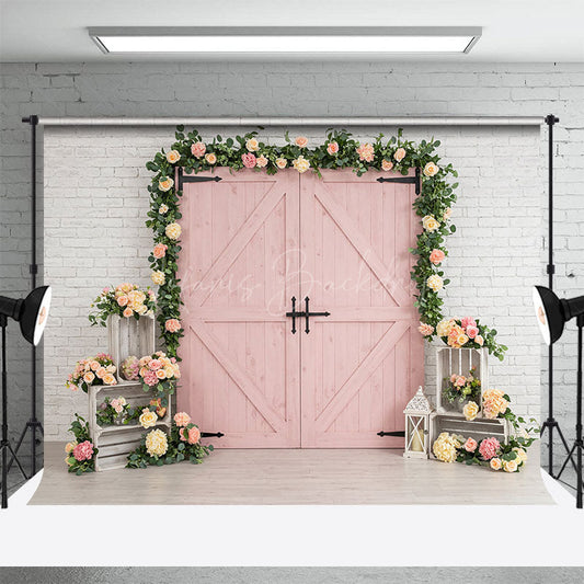 Lofaris Floral Pink Door White Brick Wall Wedding Backdrop