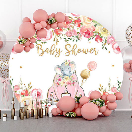 Lofaris Floral Pink Elephant Car Round Baby Shower Backdrop