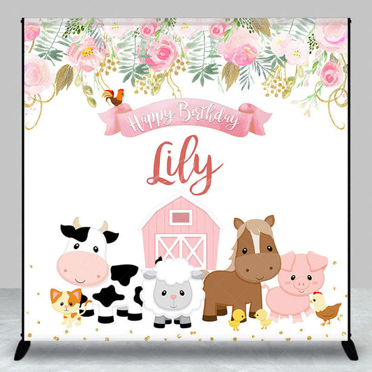Lofaris Floral Pink Farm Animal Custom Birthday Backdrop