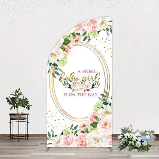 Lofaris Floral Pink Glitter Gold Baby Shower Half Moon Arch Backdrop