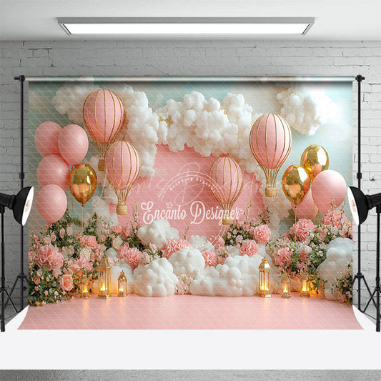 Lofaris Floral Pink Hot Air Balloon Birthday Photo Backdrop
