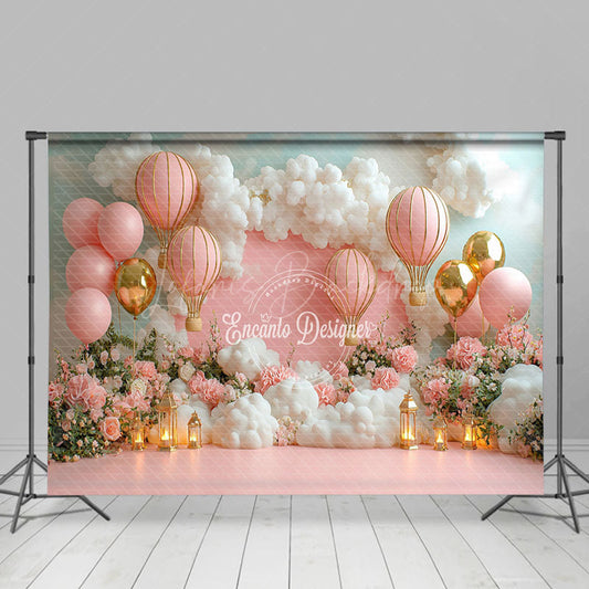 Lofaris Floral Pink Hot Air Balloon Birthday Photo Backdrop