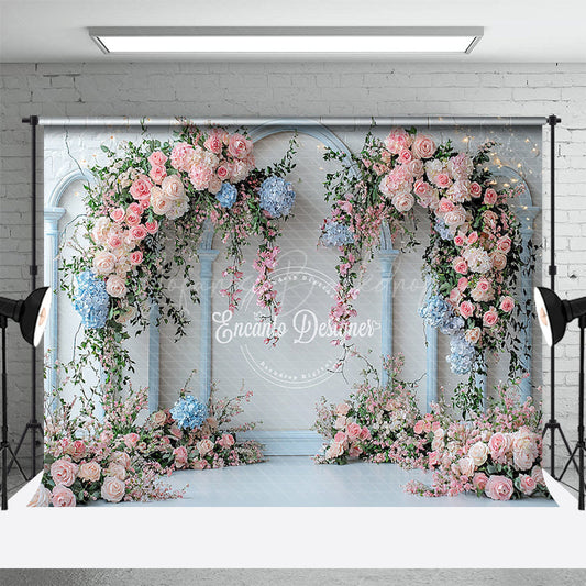 Lofaris Floral Pink Triple Arch White Wall Wedding Backdrop