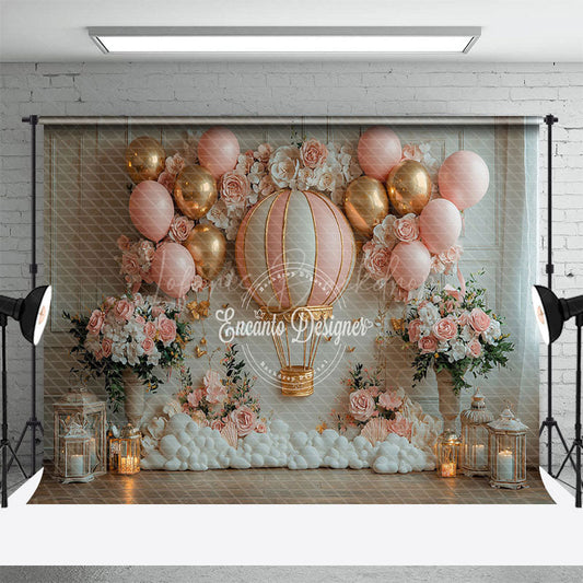 Lofaris Floral Pink White Hot Air Balloon Birthday Backdrop