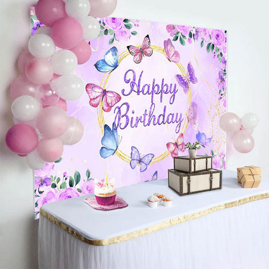 Lofaris Floral Purple Butterflies Happy Birthday Backdrop