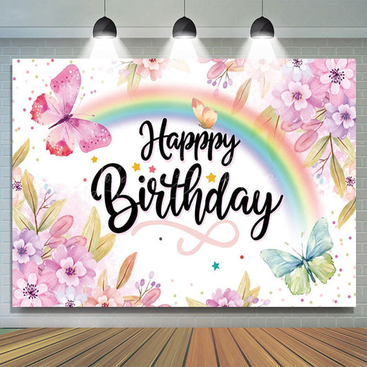Lofaris Floral Rainbow Butterfly Happy Birthday Backdrop