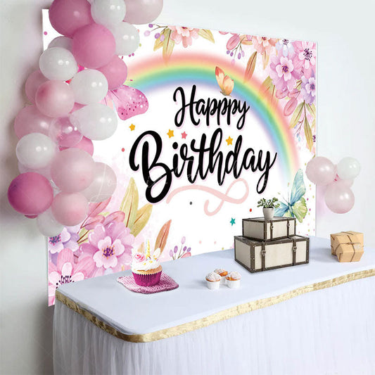 Lofaris Floral Rainbow Butterfly Happy Birthday Backdrop