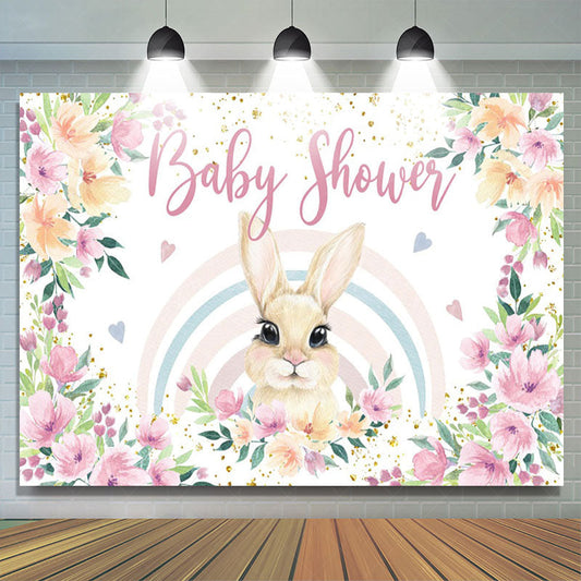 Lofaris Floral Rainbow Hearts Bunny Baby Shower Backdrop