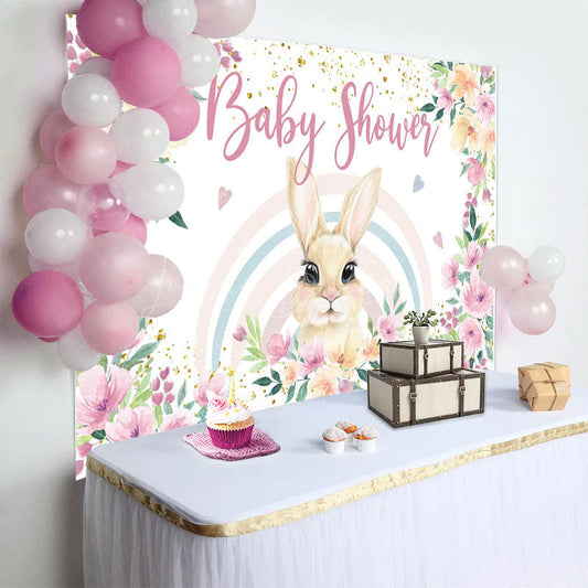 Lofaris Floral Rainbow Hearts Bunny Baby Shower Backdrop