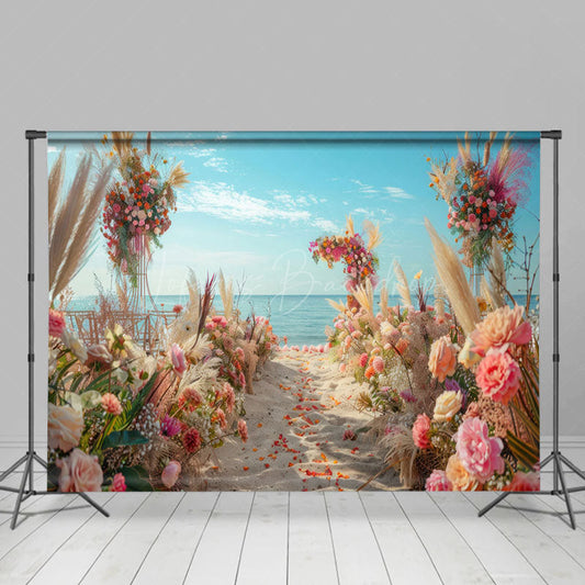 Lofaris Floral Sandy Beach Blue Sky Summer Wedding Backdrop