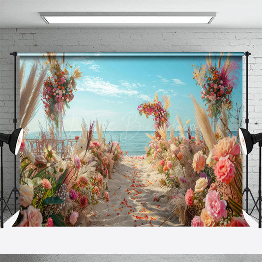 Lofaris Floral Sandy Beach Blue Sky Summer Wedding Backdrop