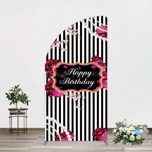 Lofaris Floral Stripe Pearl Happy Birthday Half Moon Arch Backdrop