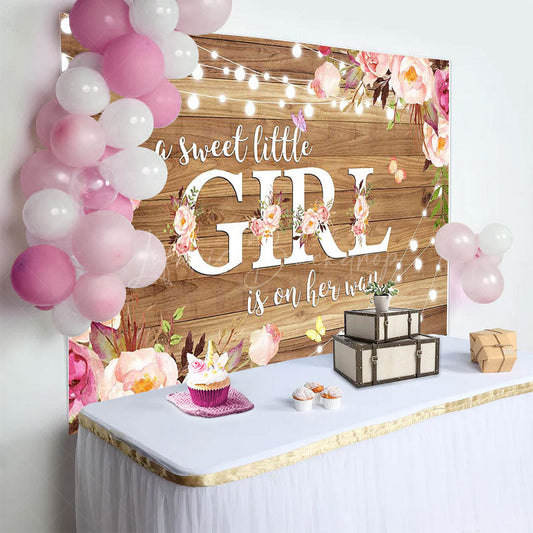 Lofaris Floral Sweet Little Girl Wooden Baby Shower Backdrop