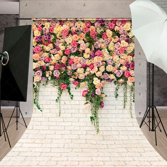 Lofaris Floral Sweet White Brick Wall Spring Sweep Backdrop