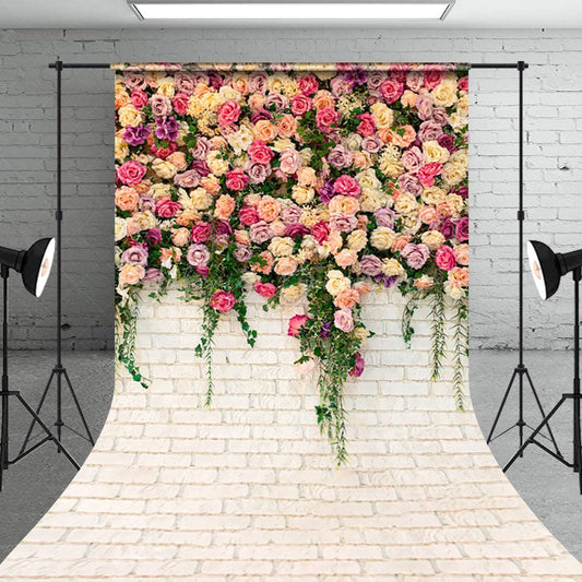 Lofaris Floral Sweet White Brick Wall Spring Sweep Backdrop