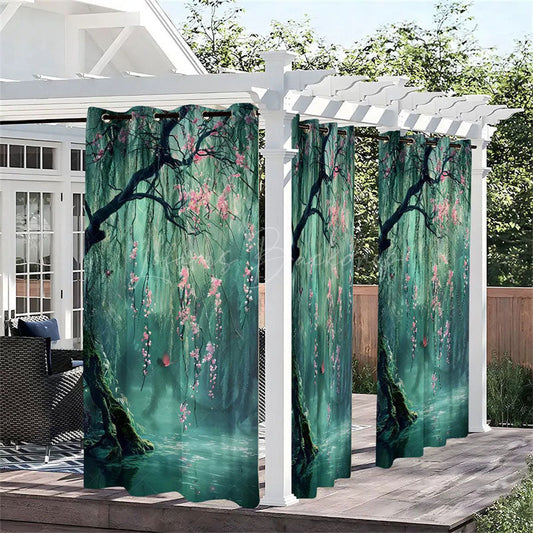 Lofaris Floral Tree Green Waterproof Printed Outdoor Curtains