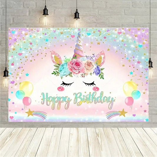 Lofaris Floral Unicorn Birthday Backdrop Rainbow Pastel Celebration Whimsical Photography Background