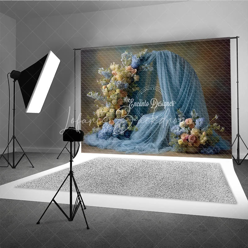 Lofaris Floral Wedding Arch Backdrop Dusty Blue Drapes with Rose Hydrangea Abstract Photography Background Decor