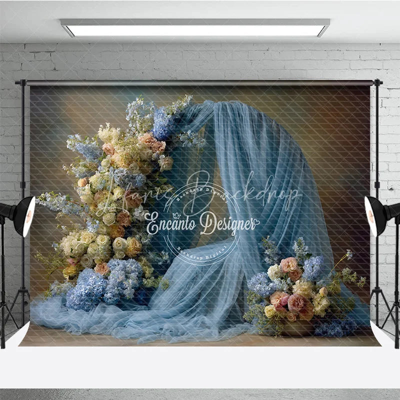 Lofaris Floral Wedding Arch Backdrop Dusty Blue Drapes with Rose Hydrangea Abstract Photography Background Decor