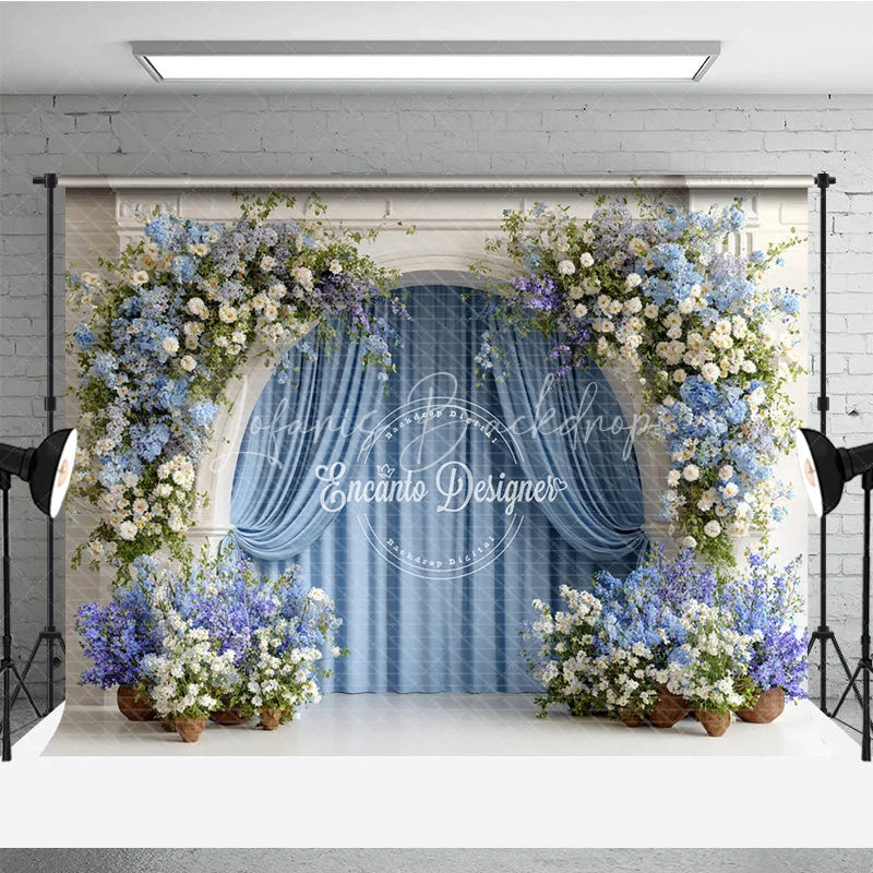 Lofaris Floral Wedding Arch Backdrop White Mantel with Blue Curtains and Hydrangea Photography Background