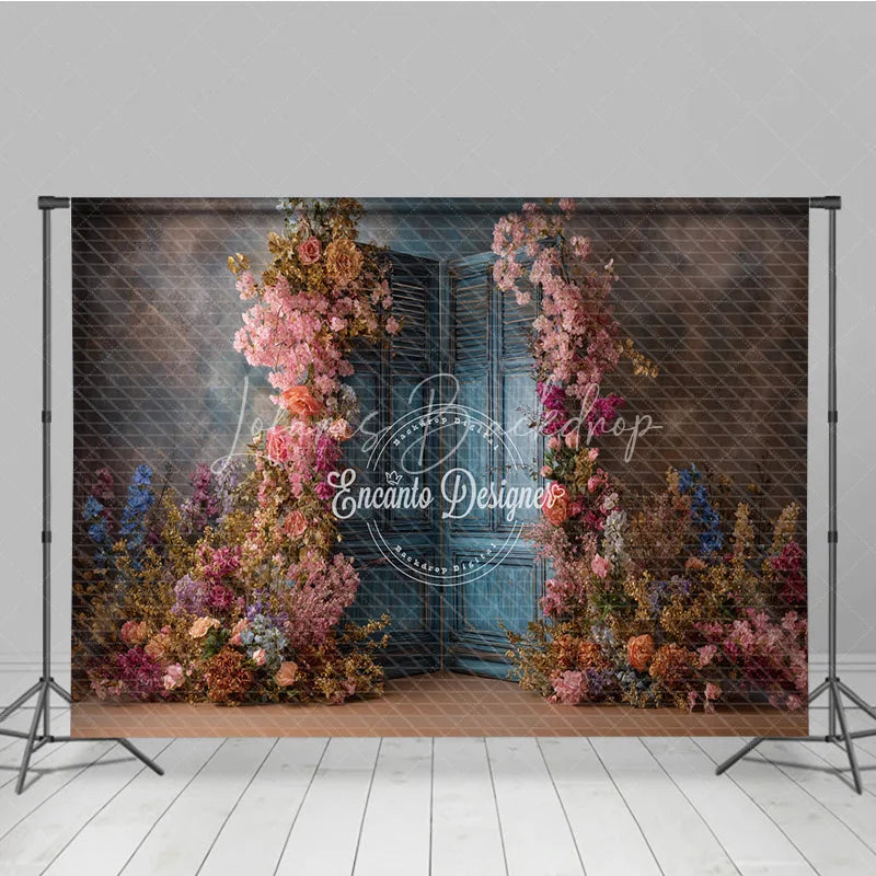 Lofaris Floral Wedding Backdrop Blue Louvered Door Photo Background Pink Rose Flower Wall for Bridal Shower Photography