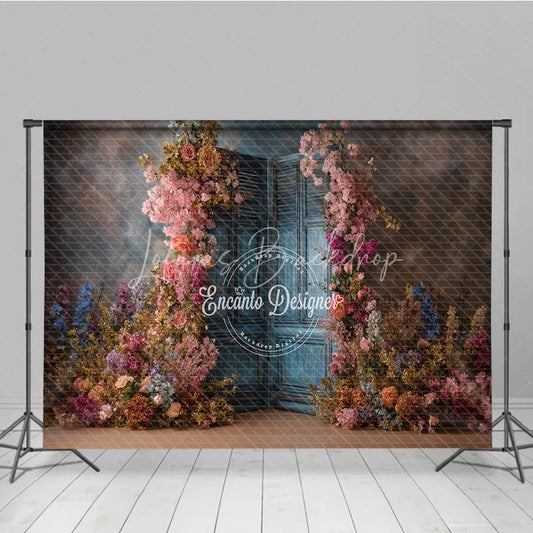 Lofaris Floral Wedding Backdrop Blue Louvered Door Photo Background Pink Rose Flower Wall for Bridal Shower Photography
