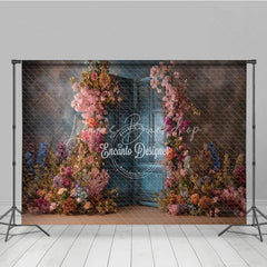 Lofaris Floral Wedding Backdrop Blue Louvered Door Photo Background Pink Rose Flower Wall for Bridal Shower Photography