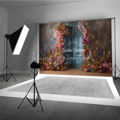 Lofaris Floral Wedding Backdrop Blue Louvered Door Photo Background Pink Rose Flower Wall for Bridal Shower Photography